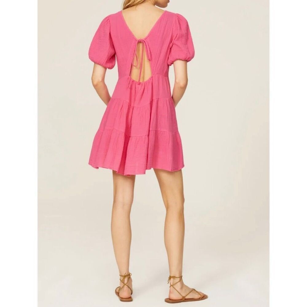 Xirena Nissa Pink Cotton Gauze Tiered Mini Dress V Neck Open Tie Back Large - Picture 2 of 9